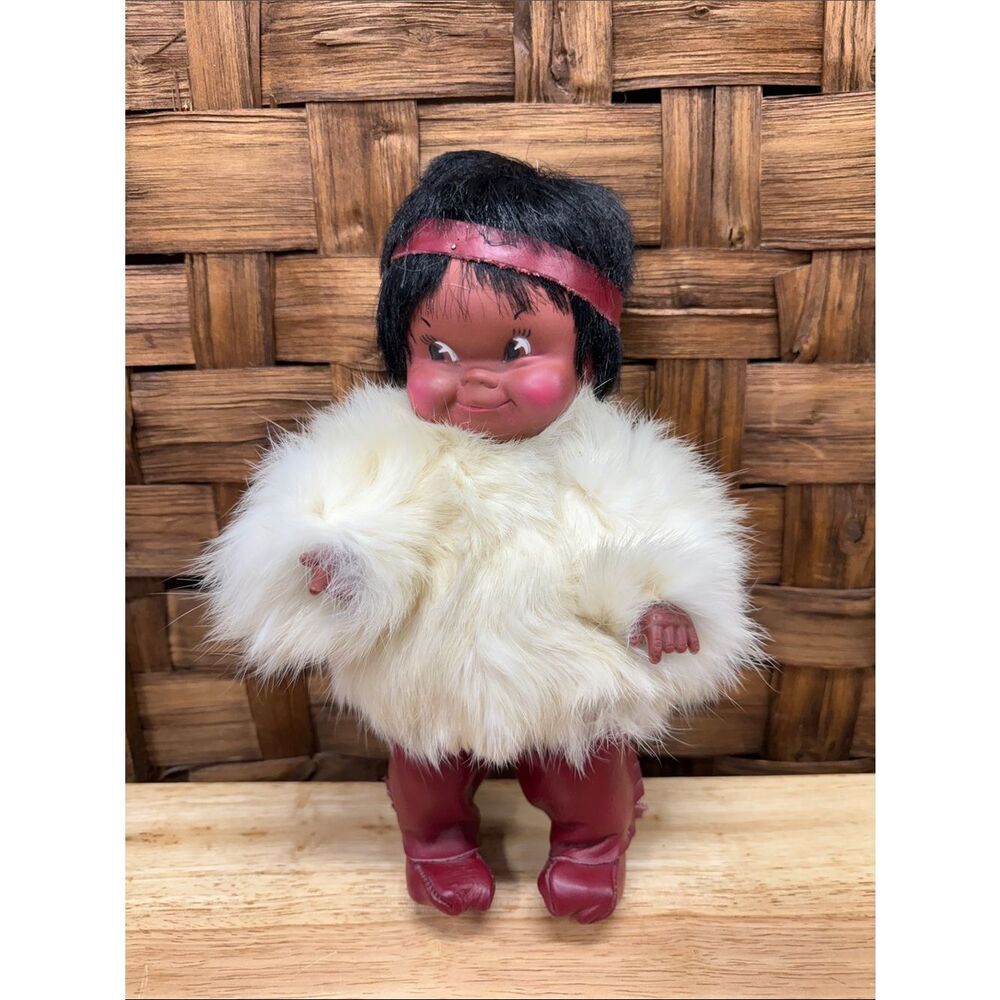 Vintage Eskimo Kids Toy Doll with Cream Fur Coat and Maroon Accents